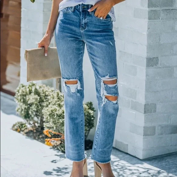 PRICE DROP Maeve High Rise Distressed Straight Denim - Picture 1 of 12